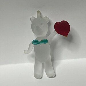 Frosted Blown Glass Bear Figurine Green Bow Tie Red Heart Hanging Ornament 2"x3"